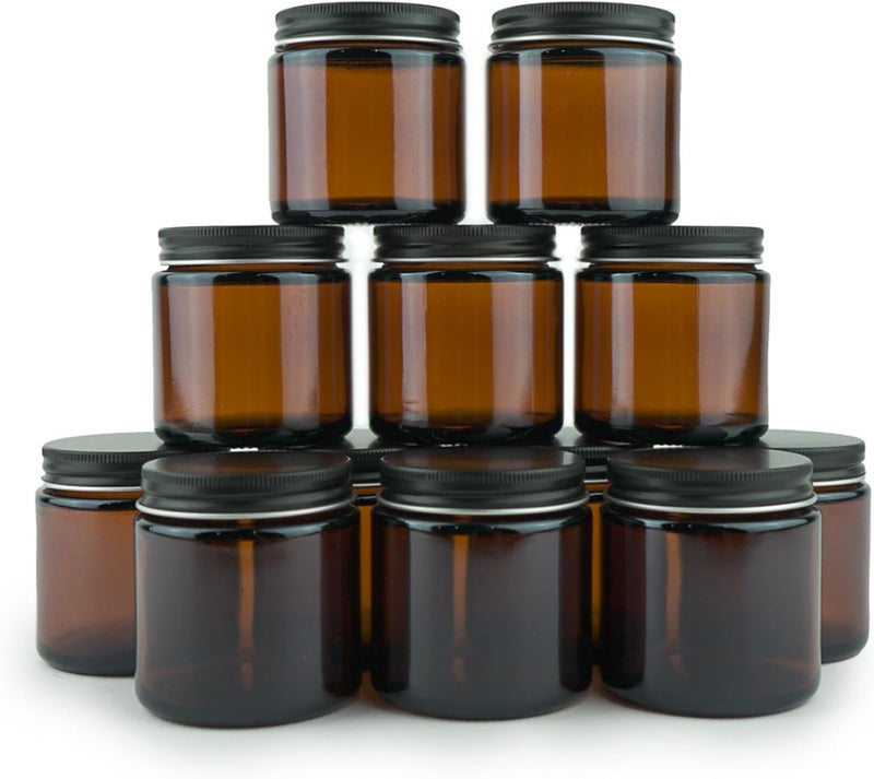 Nature Packaged Glass Amber 4oz Jar - 12 Packs, Empty Round Jars For Beauty Products, Lotion, and Powders - Black Lid - Small Candle Jars - Image 1